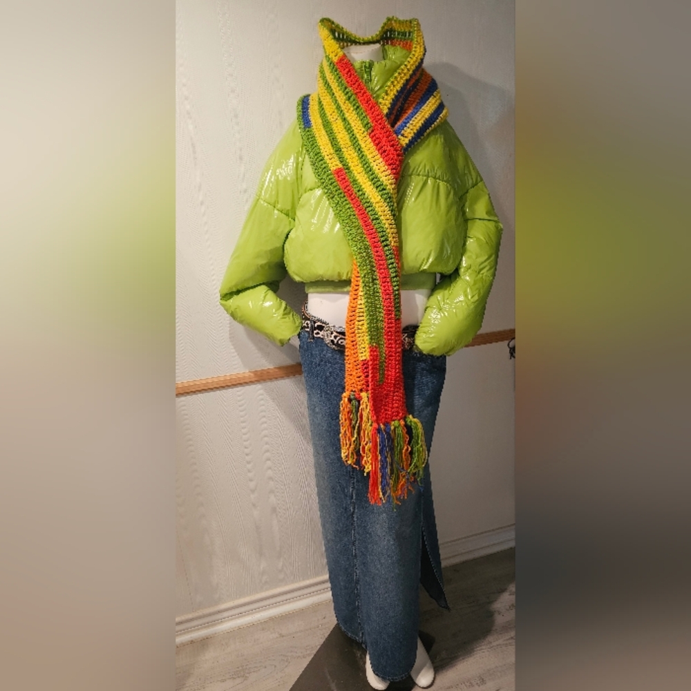 NEW CROCHET MUFFLER FRINGE LONG SCARF NECKWARMER Rust Blue Green Gold 88"x8"